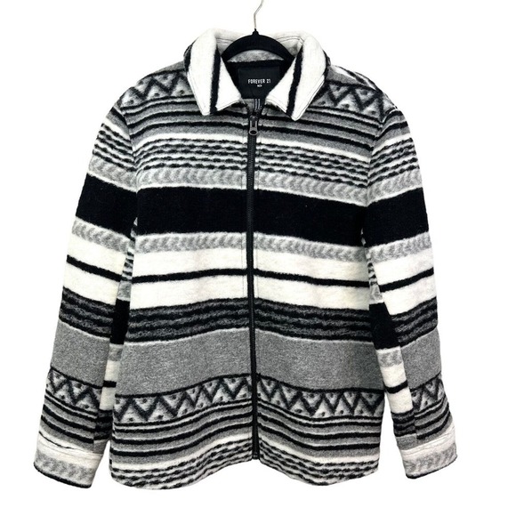 Forever 21 Jacket Coat Wool Blend Full Zip Lined SIde Pockets Geo Print Men Sz M - Picture 1 of 7